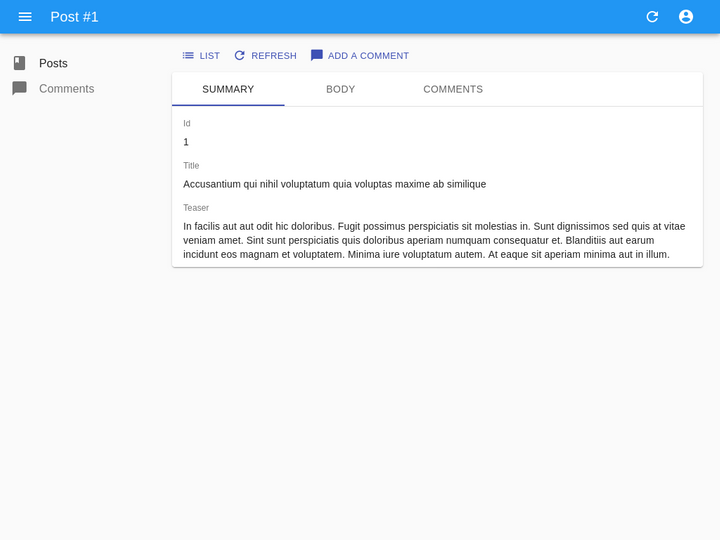 The show page with the create comment button inside its actions bar